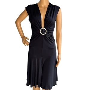 Vintage Y2K Sexy Little Black Dress Plunging Neckline with Rhinestone O ring